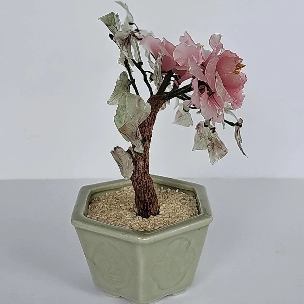Vintage Chinese Glass Bonsai Tree Pink Cherry Blossom Celadon Pot Chinoiserie